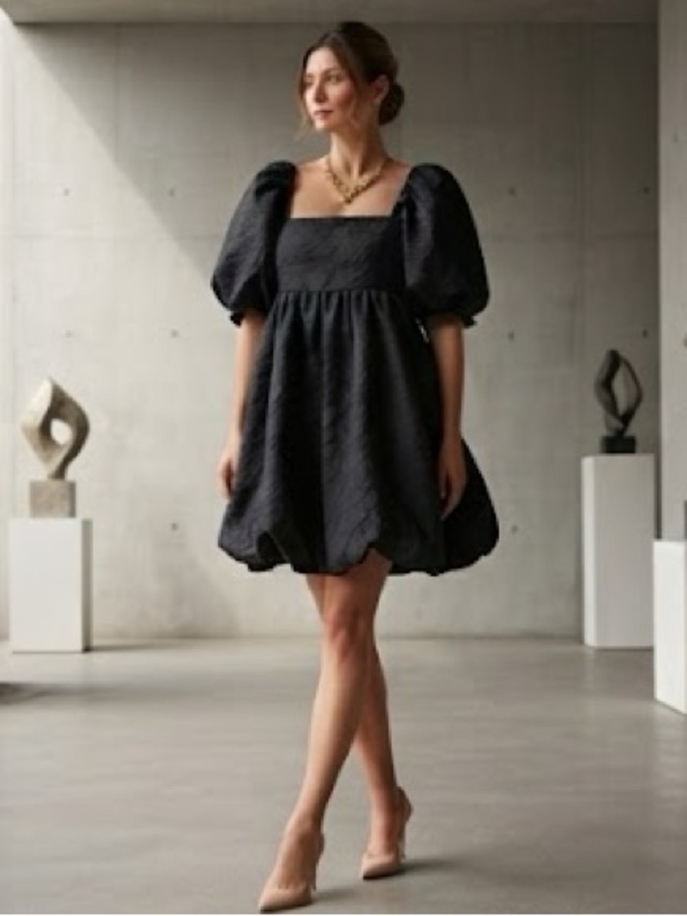 STORIA Black Textured Jacquard Puff Sleeve Bubble Mini Dress